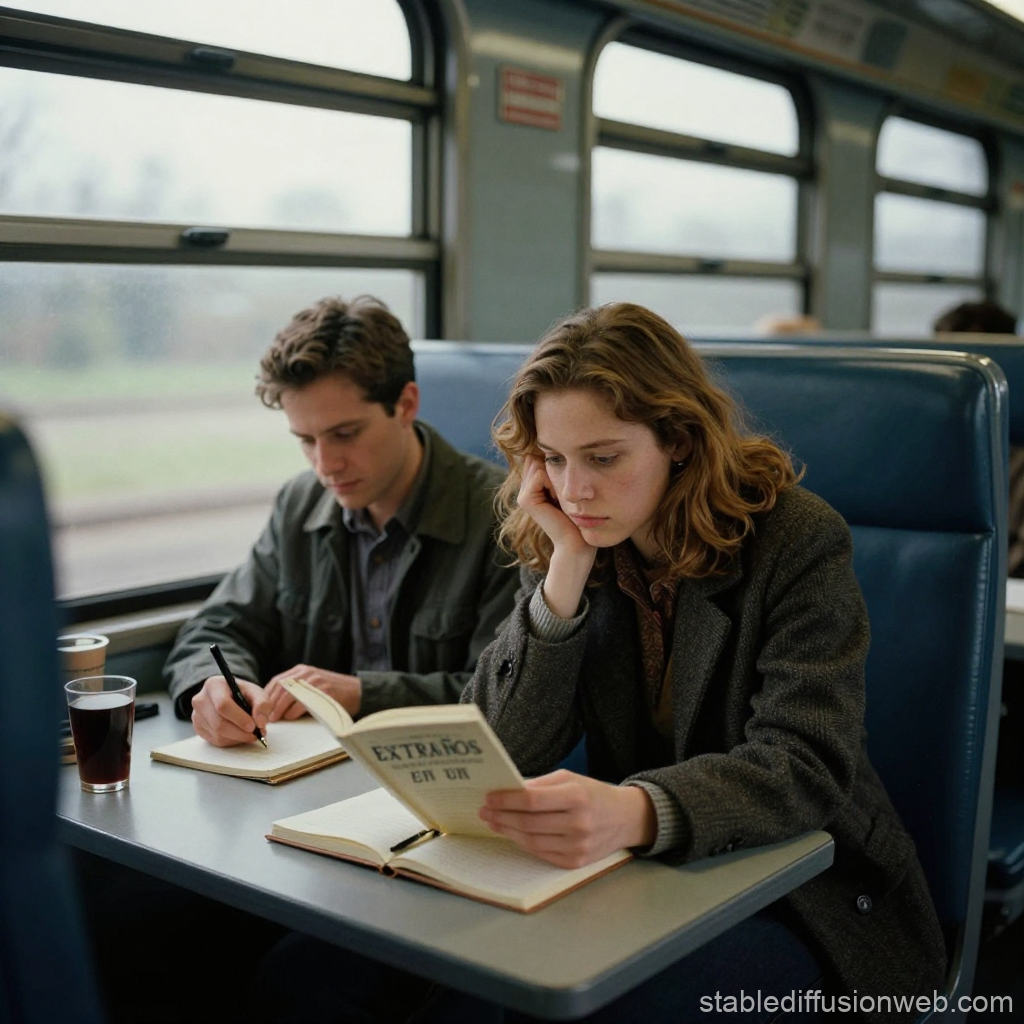 Two Young Adults Reading and Writing on a Train