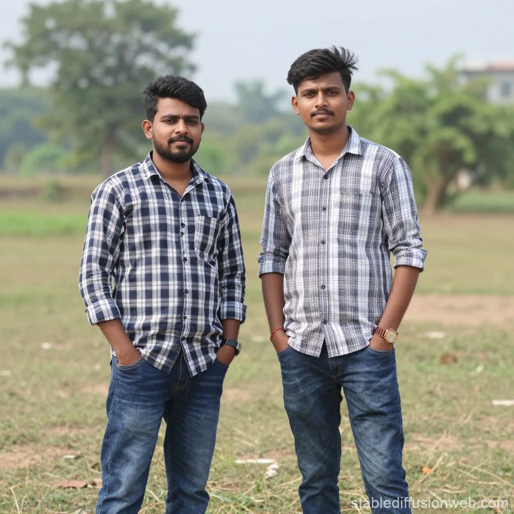 Two Young Men Standing Outdoors in Casual Plaid Shirts
