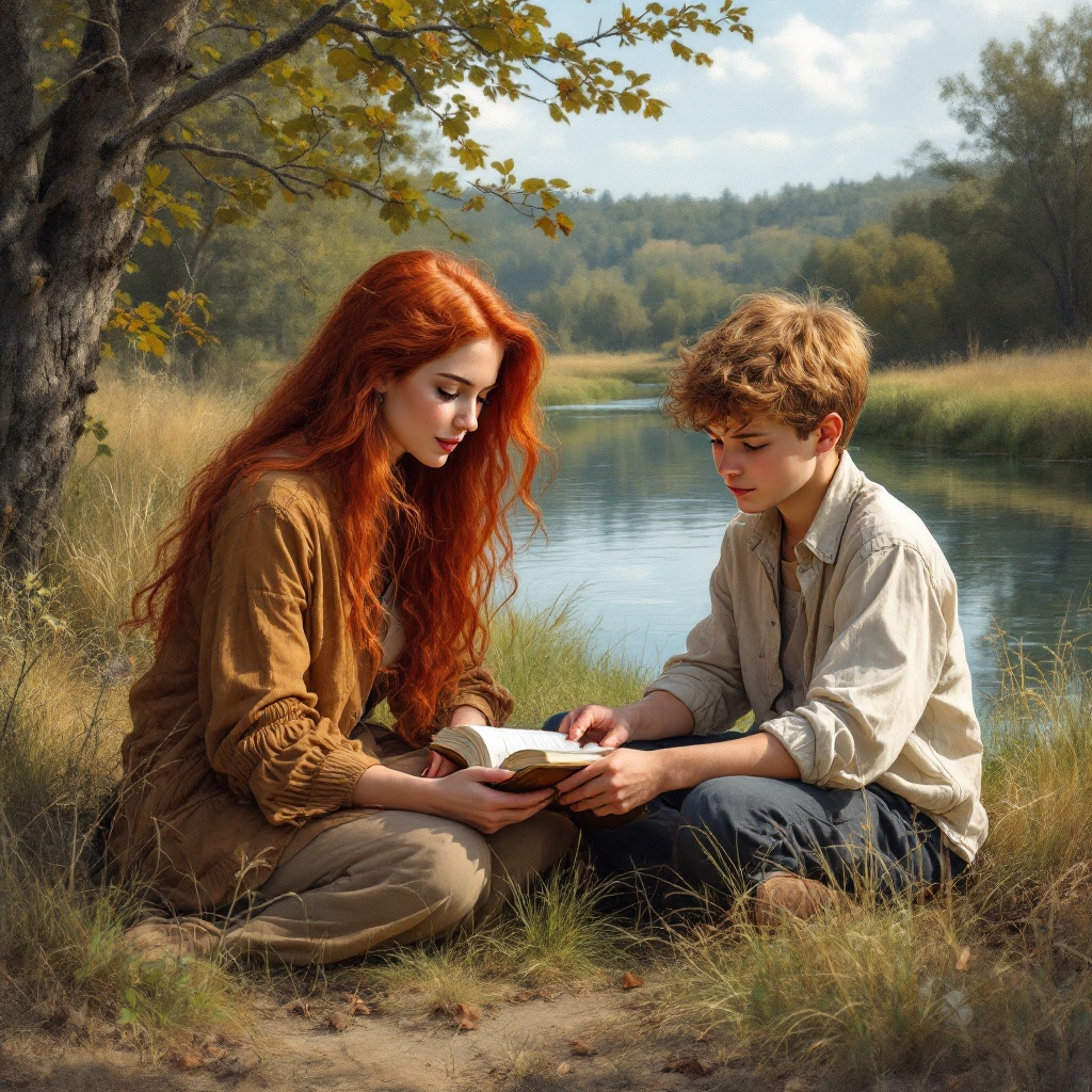 Two Young People Reading by a Riverside in the Countryside