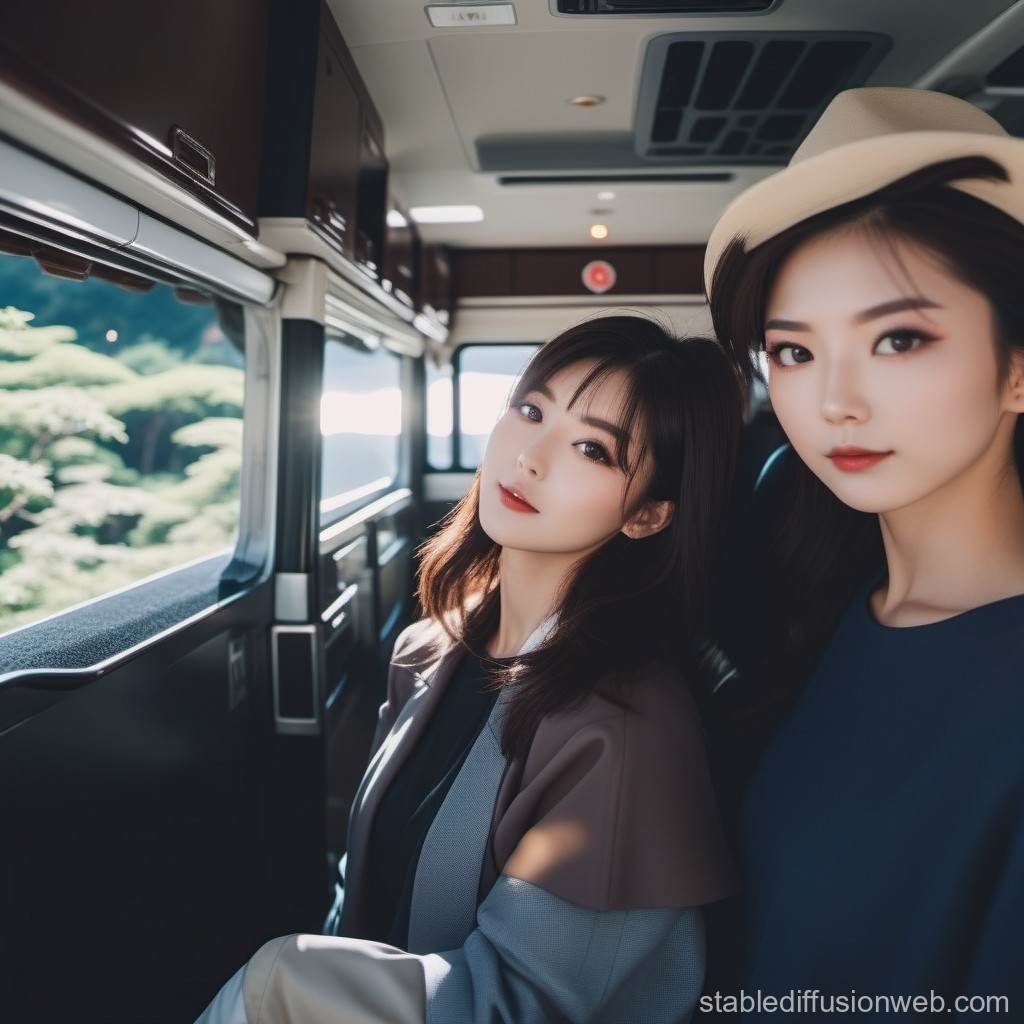 Two Young Women Traveling in a Modern Vehicle