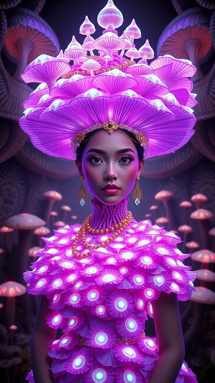 Ultra-Realistic 3D Portrait of a Woman in Glowing Mushroom Attire