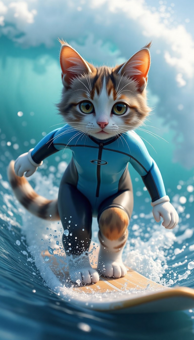 Ultra Realistic Cat Surfing in Wetsuit