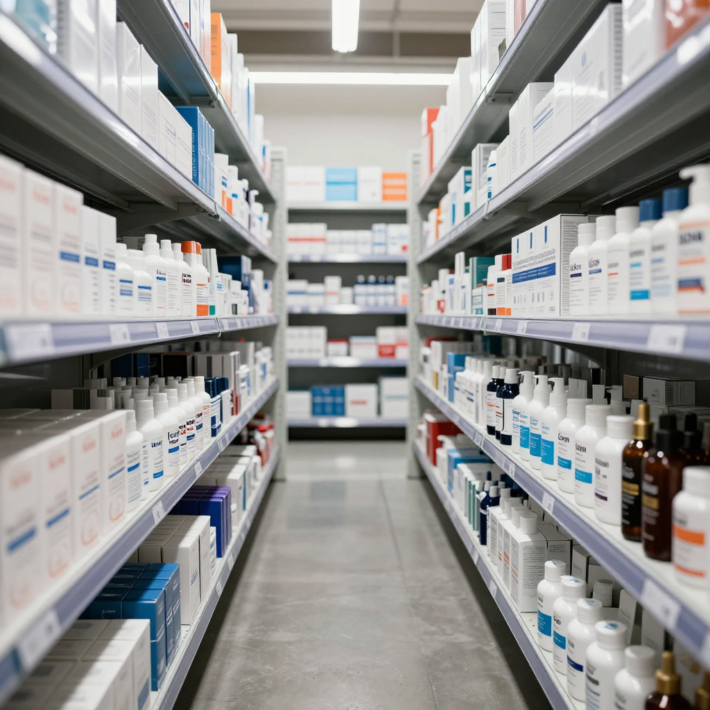 Ultra Realistic Cosmetic Warehouse Aisle with Shelves of Products