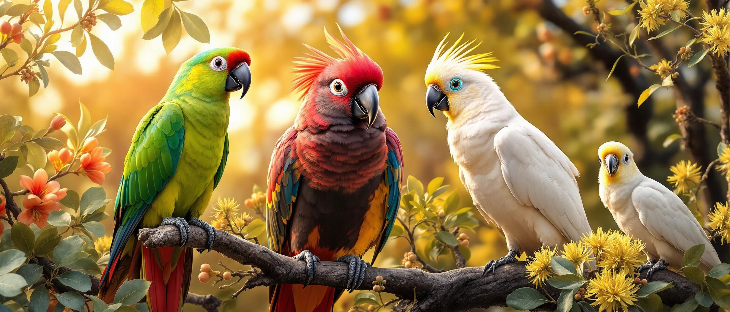 Ultra Realistic Parrots on Branch in Golden Light