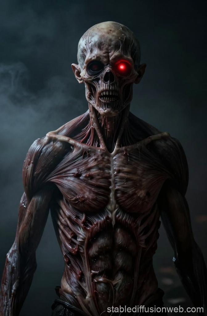 Uncanny Horror Creature with Glowing Red Eye