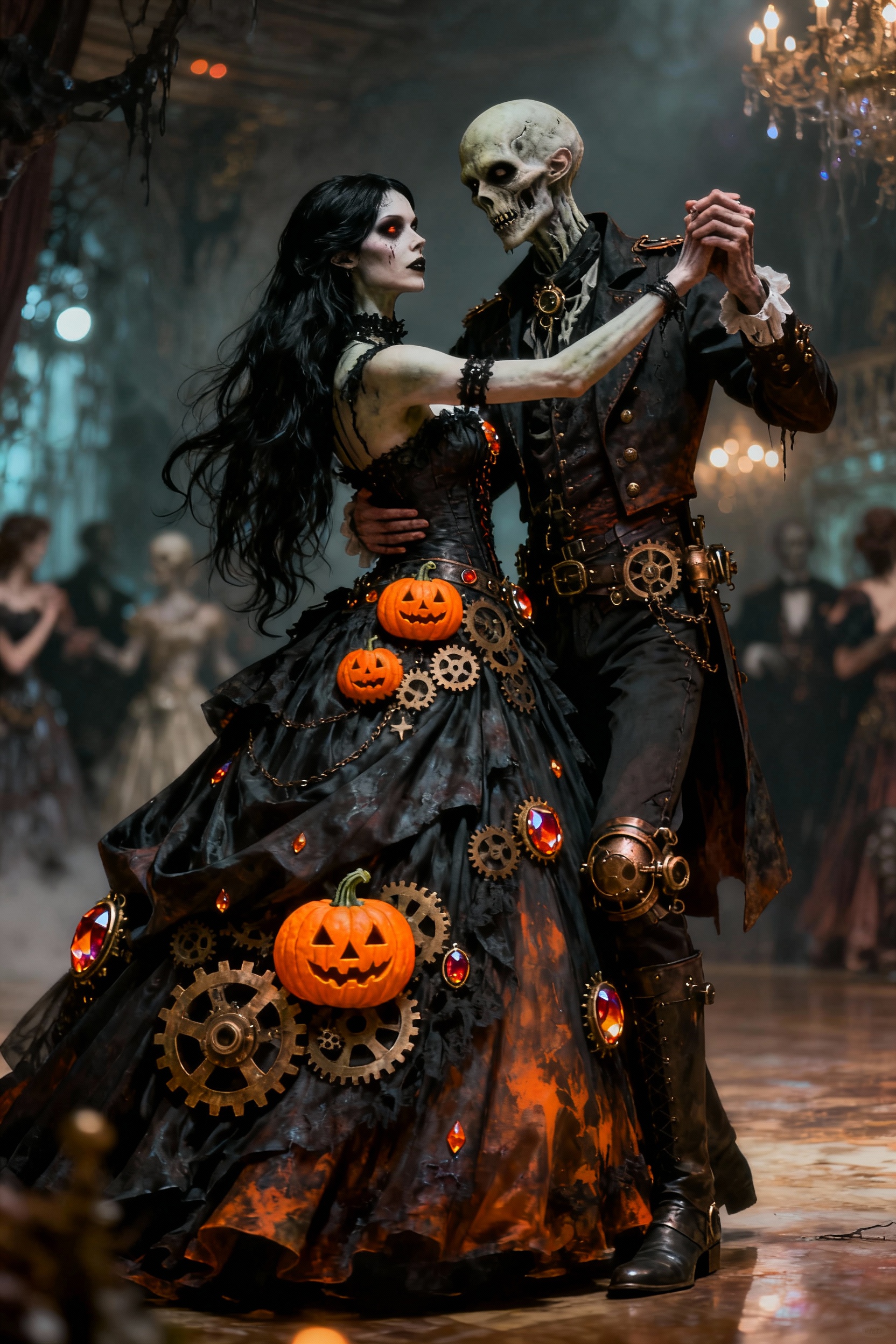Undead Couple Dancing at a Surreal Halloween Prom