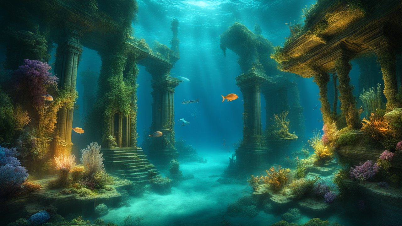 Underwater Ancient Ruins with Marine Life