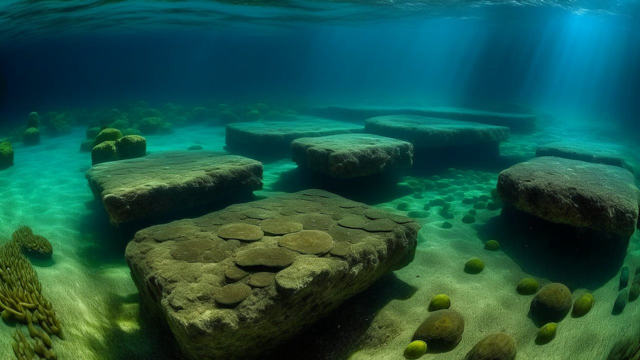 Underwater Ancient Stone Structures in Clear Blue Water