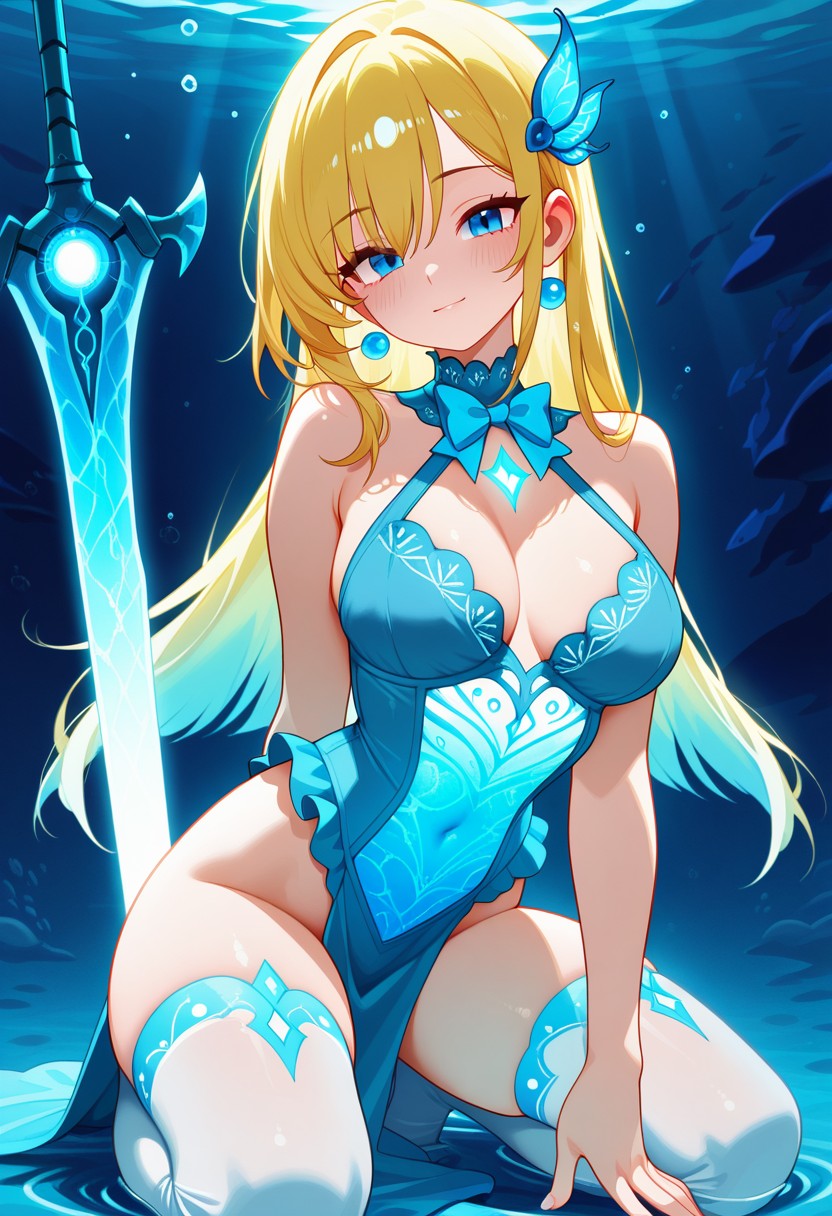 Underwater Blonde Warrior in Blue Fantasy Outfit