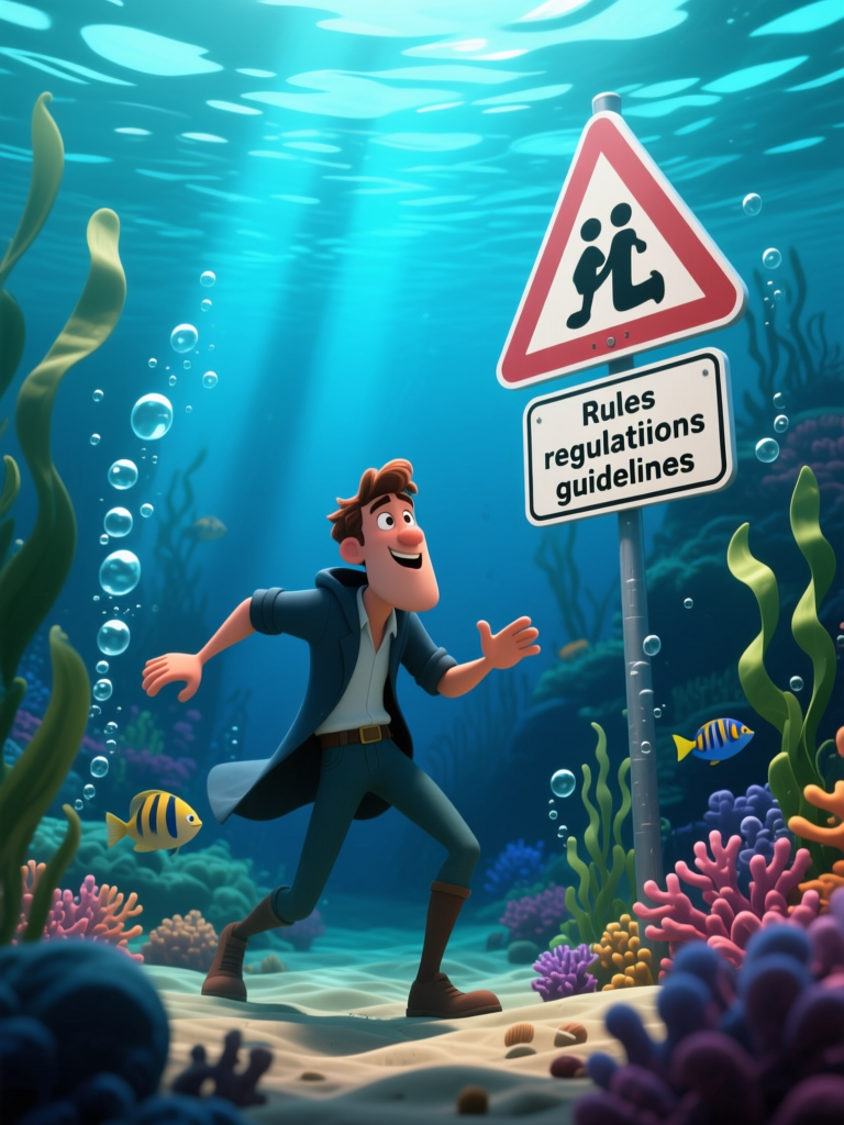 Underwater Cartoon Man Discovering Rules Sign