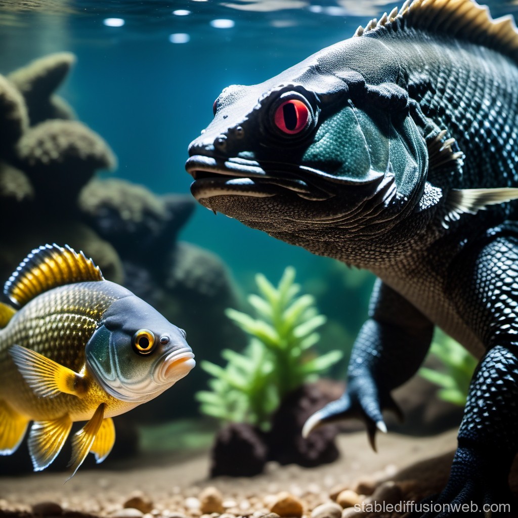 Underwater Encounter Between Fish and Large Reptile