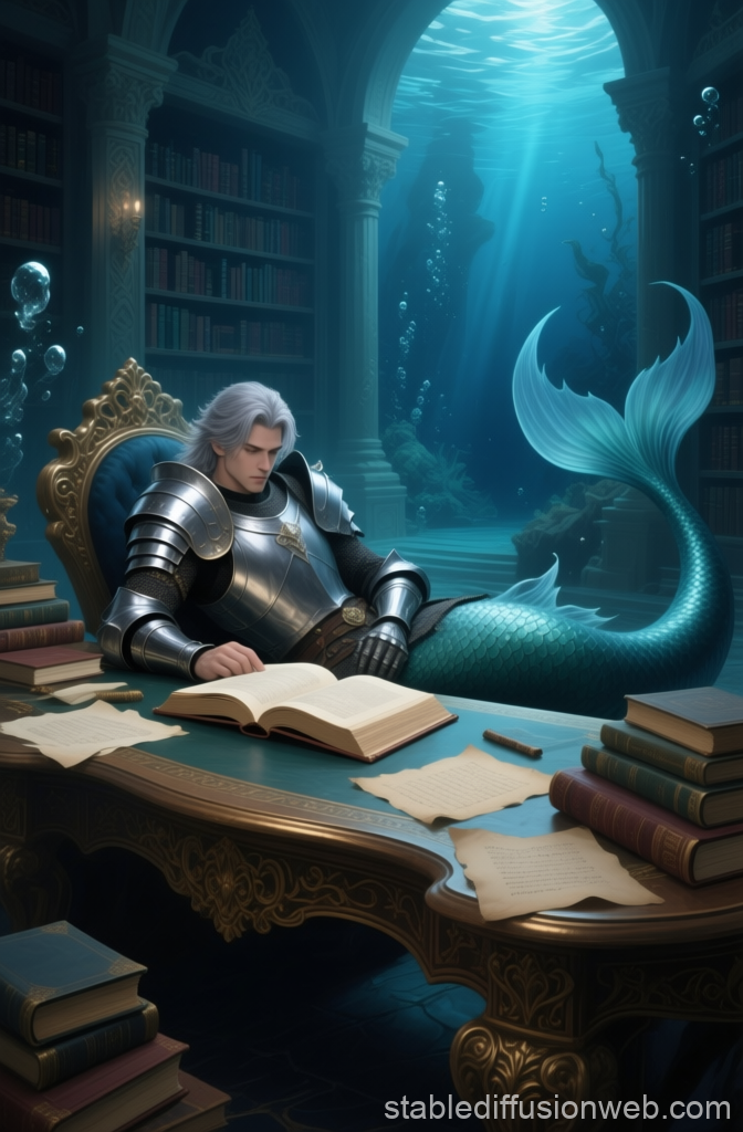 Underwater Knight Merman Studying in Ancient Library