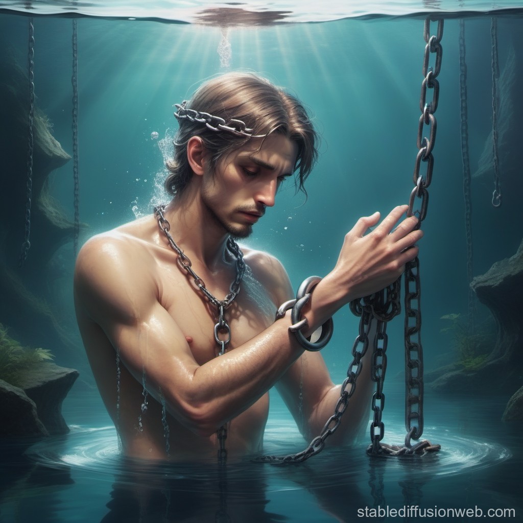 Underwater Man Bound by Chains in Reflective Moment