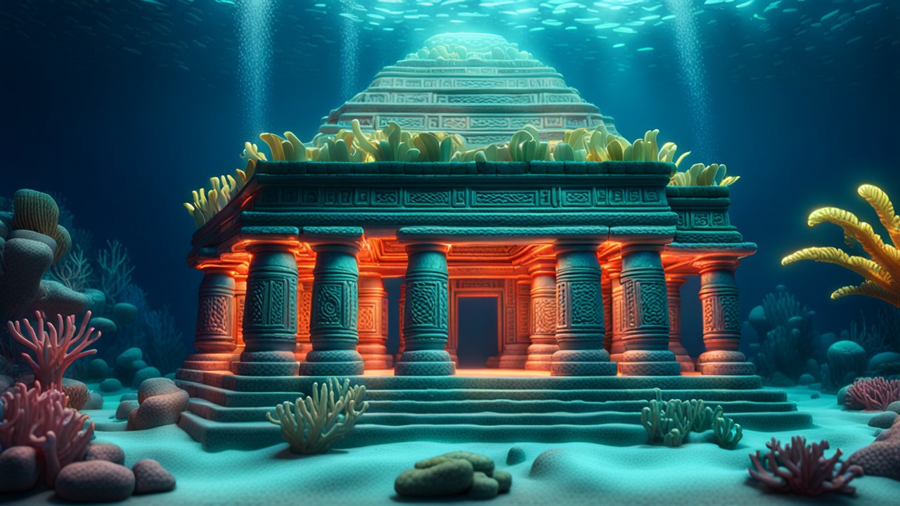 Underwater Mayan Temple Illuminated by Glowing Coral