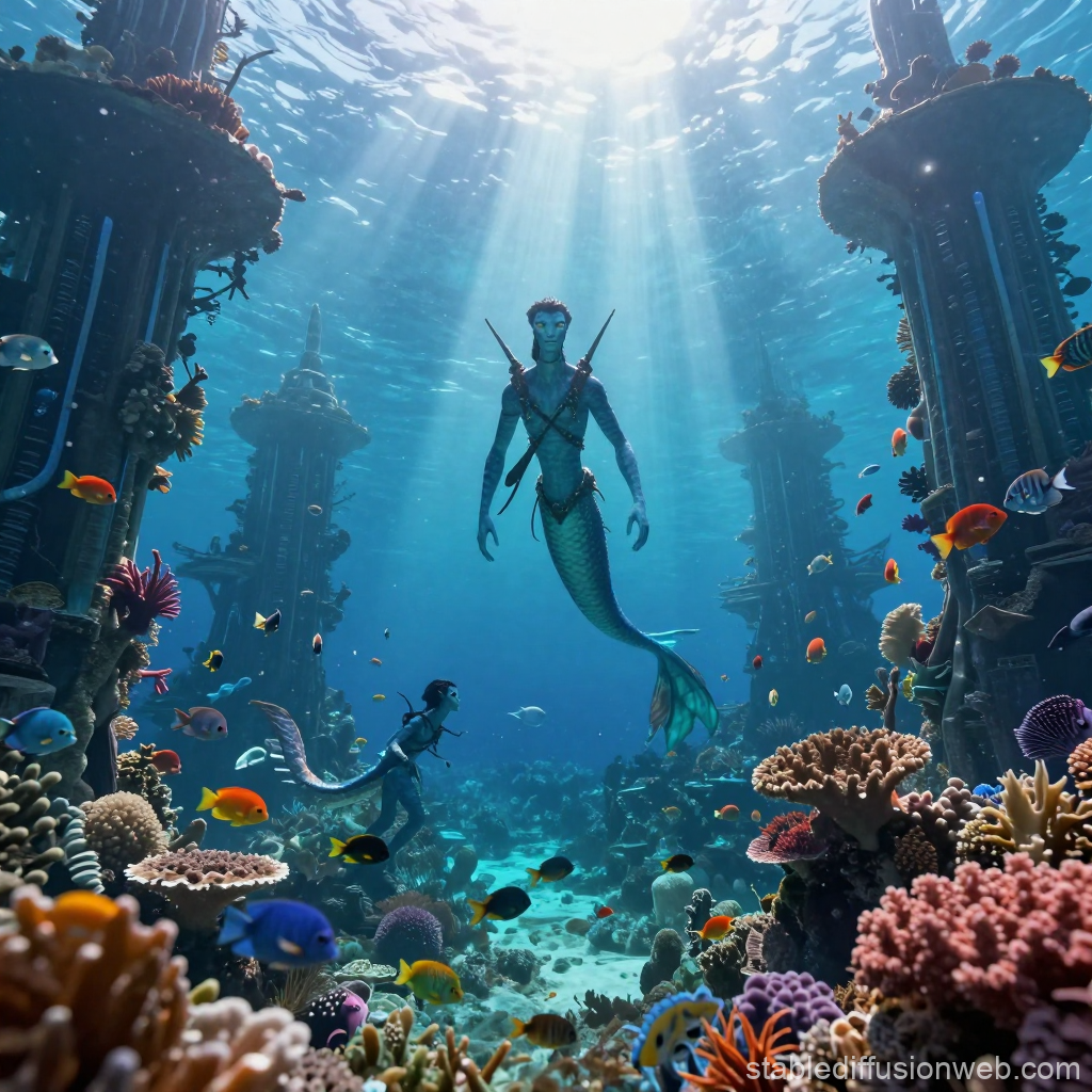Underwater Merfolk Warriors Among Coral and Ruins
