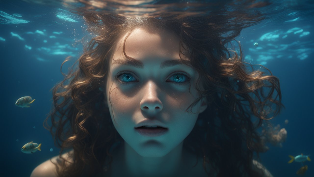 Underwater Portrait of a Girl with Curly Hair and Blue Eyes