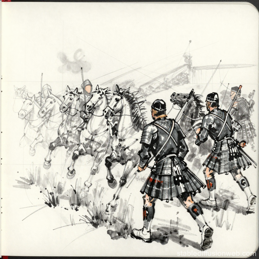 Unfinished Sketch of Scottish Spearmen Charging