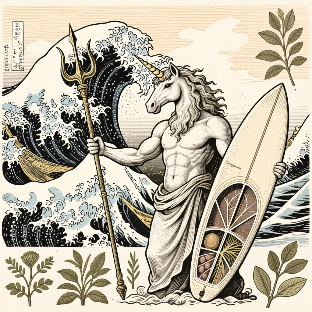 Unicorn Poseidon Holding Trident and Surfboard with Ocean Waves