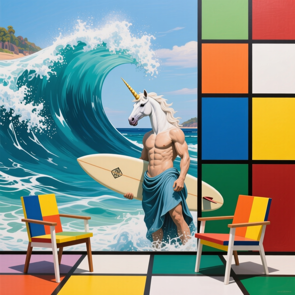 Unicorn Poseidon Surfing with Mondrian Style Background