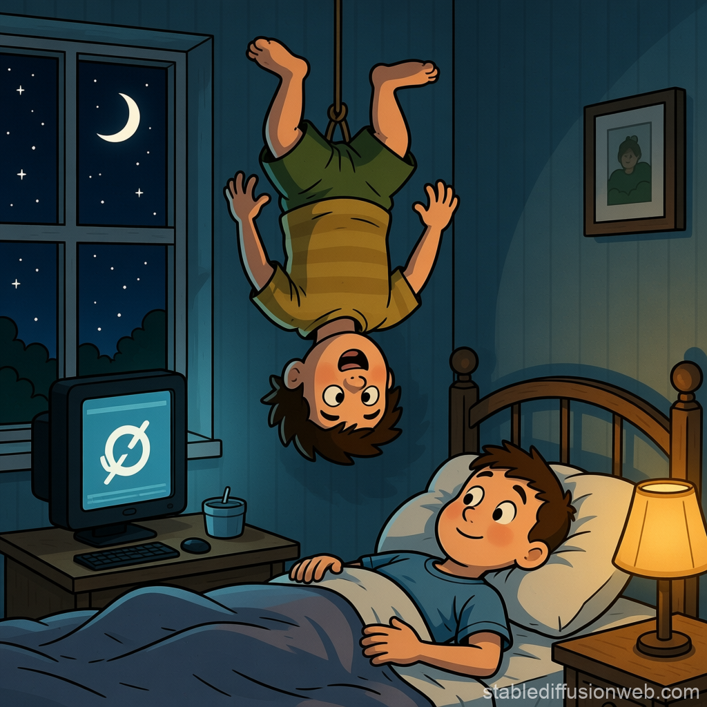 Upside Down Cartoon Boy Hanging in Bedroom at Night