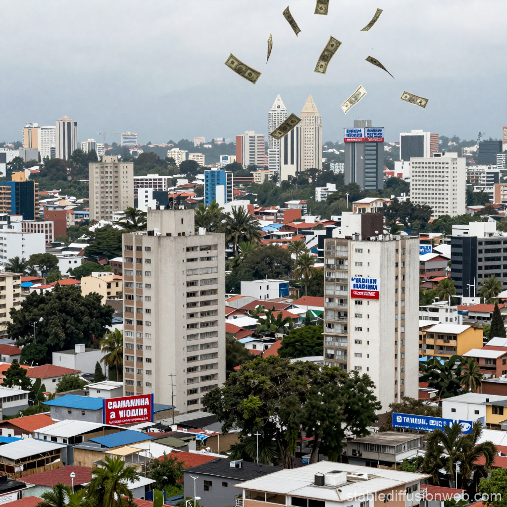 Urban Cityscape with Floating Dollar Bills