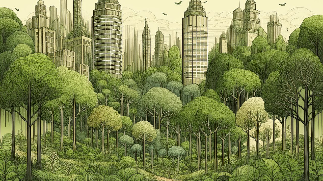 Urban Forest Harmony: Cityscape Blended with Lush Greenery