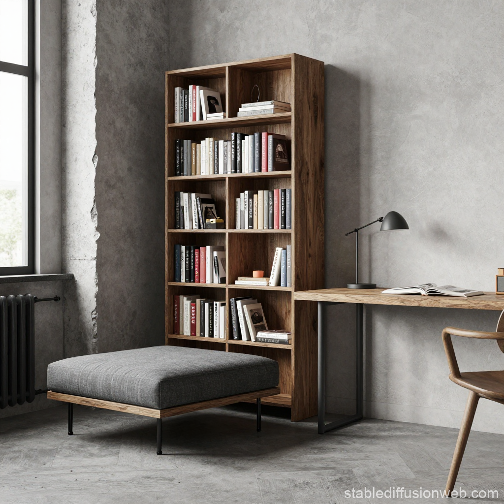 Urban Industrial Apartment Library with Wooden Bookshelf and Desk