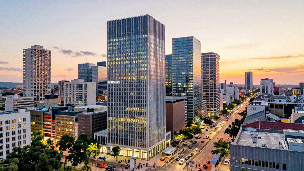 Urban Panorama at Sunset with Modern Skyscrapers