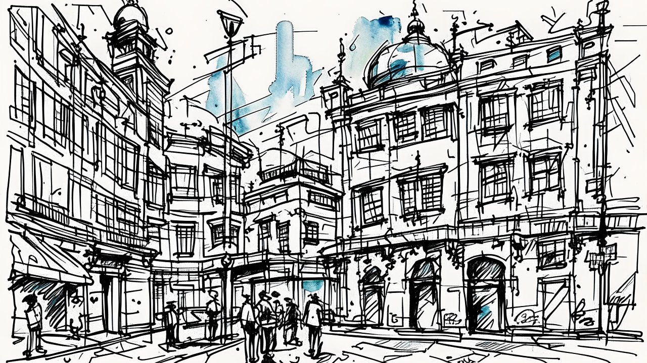 Urban Sketch of Historic City Square with People