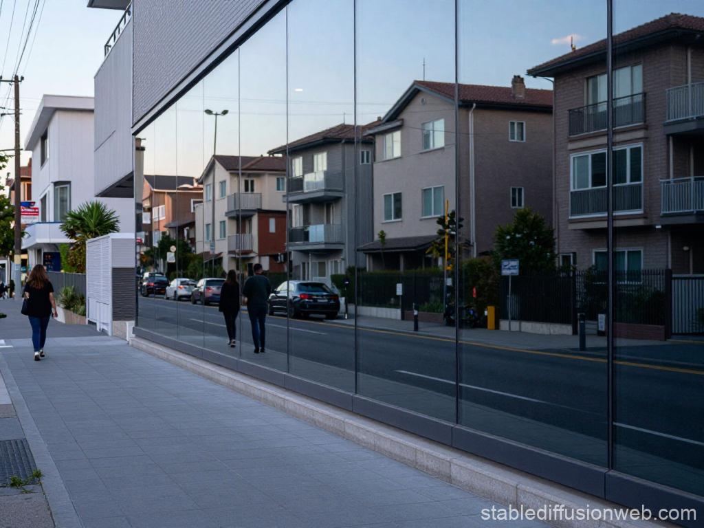 Urban Street Scene with Reflective Glass Building