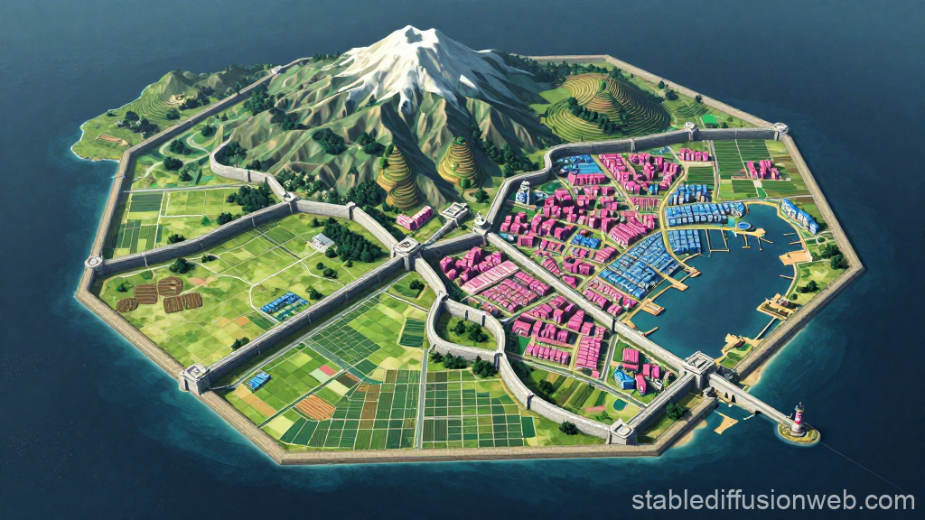 Uzushio Kingdom Fantasy Map with Mountain and Harbor