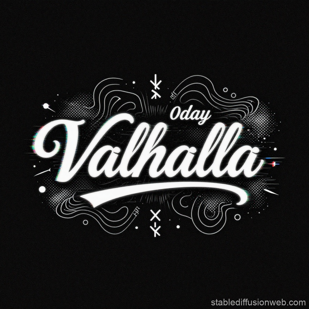 Valhalla Oday Logo with Artistic White Script on Black