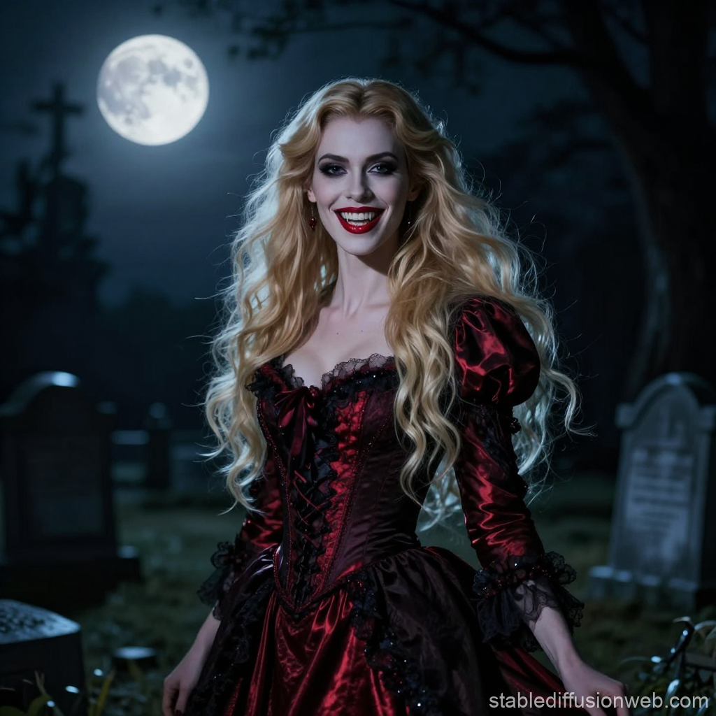 Vampire Lady in Moonlit Graveyard