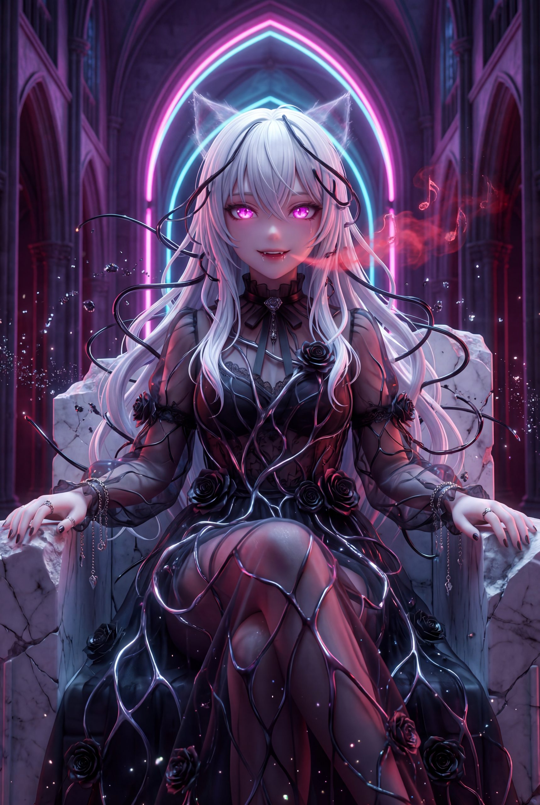 Vampire Queen with Neon Aura in Gothic Cathedral
