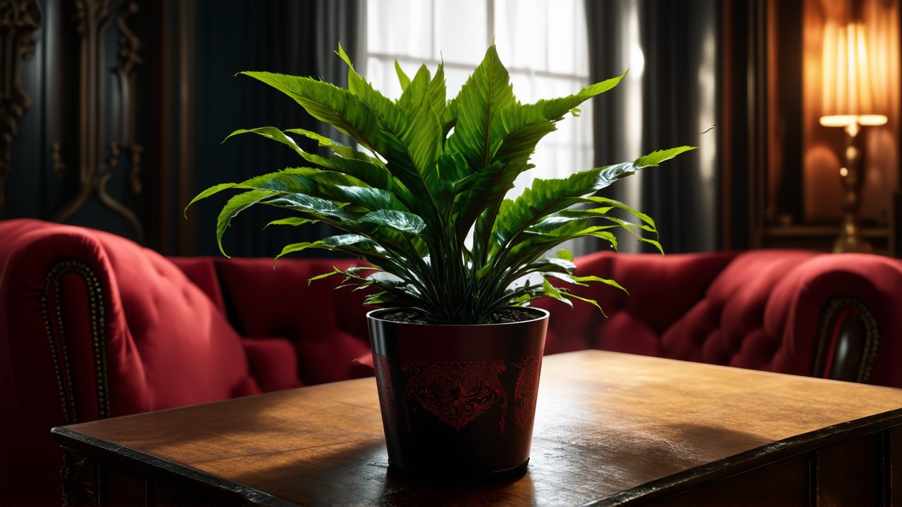 Vampire-Themed Potted Plant in Elegant Living Room