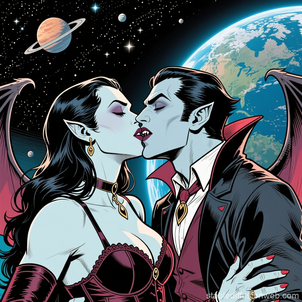 Vampires Kissing in Space with Earth and Planets