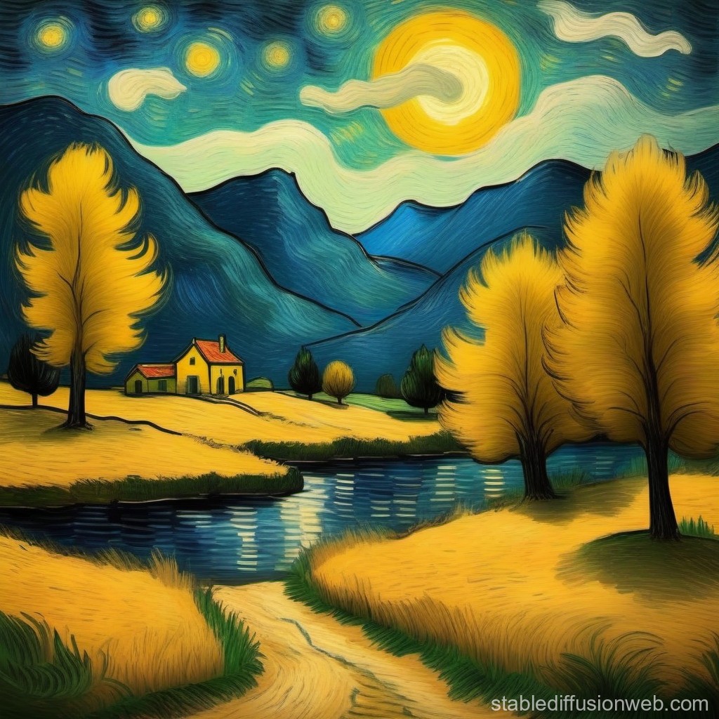 Van Gogh Style Autumn Landscape with River and Cottage