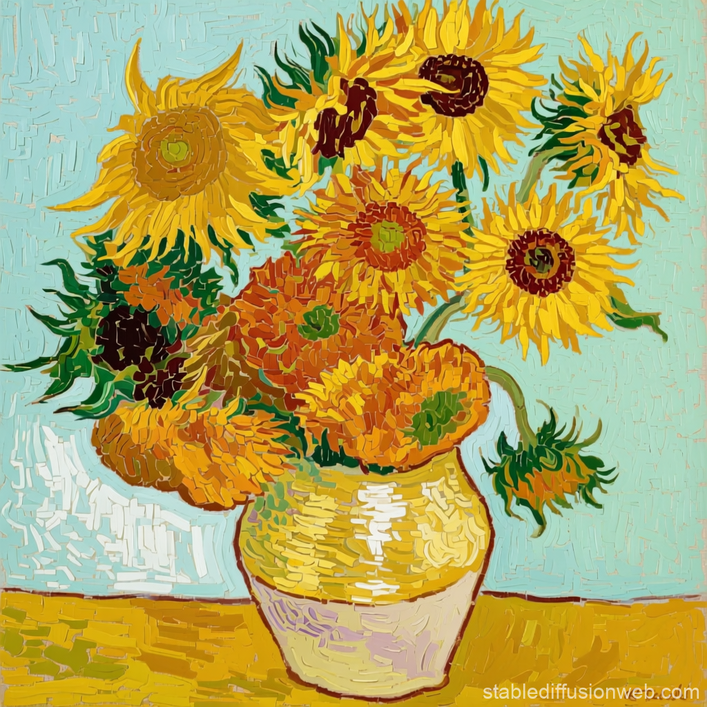 Van Gogh Style Sunflowers in Vase