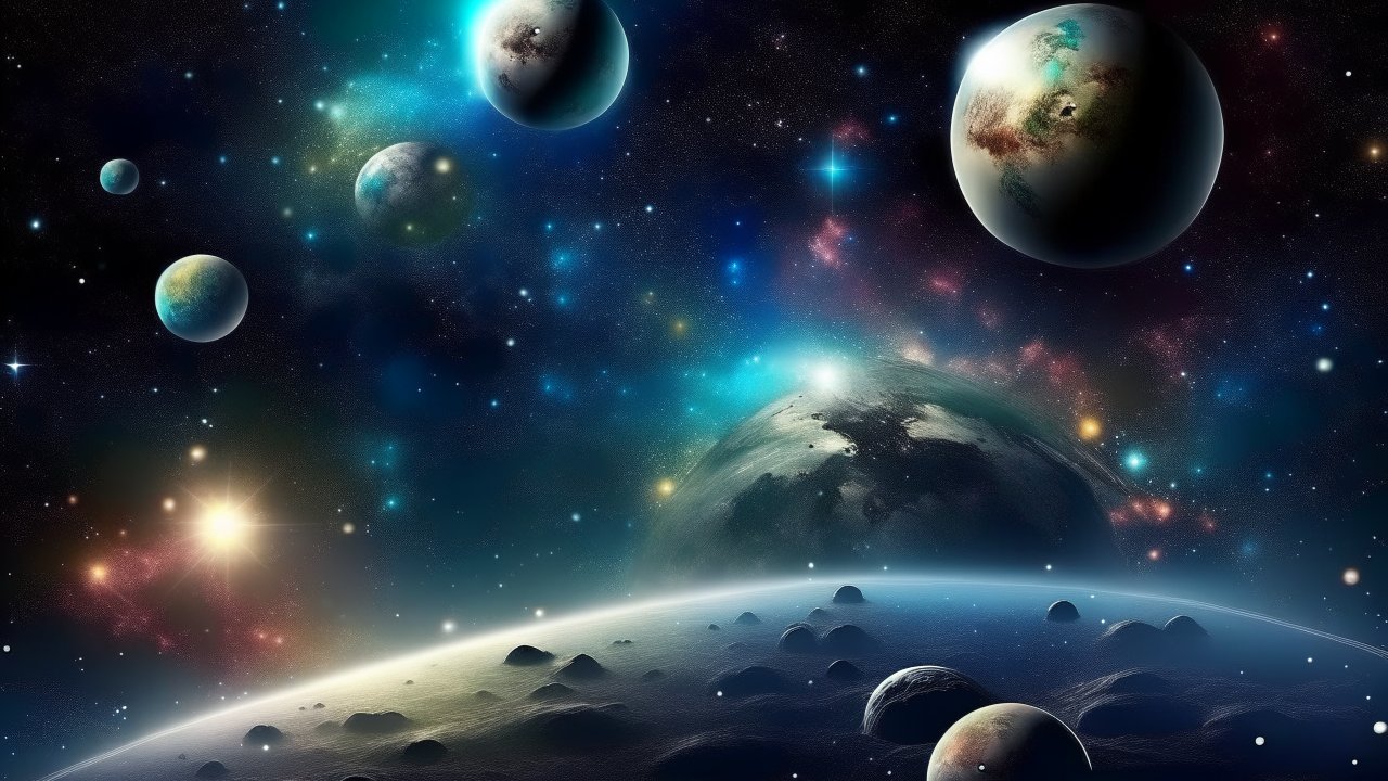 Vast Cosmic Scene with Multiple Planets and Stars