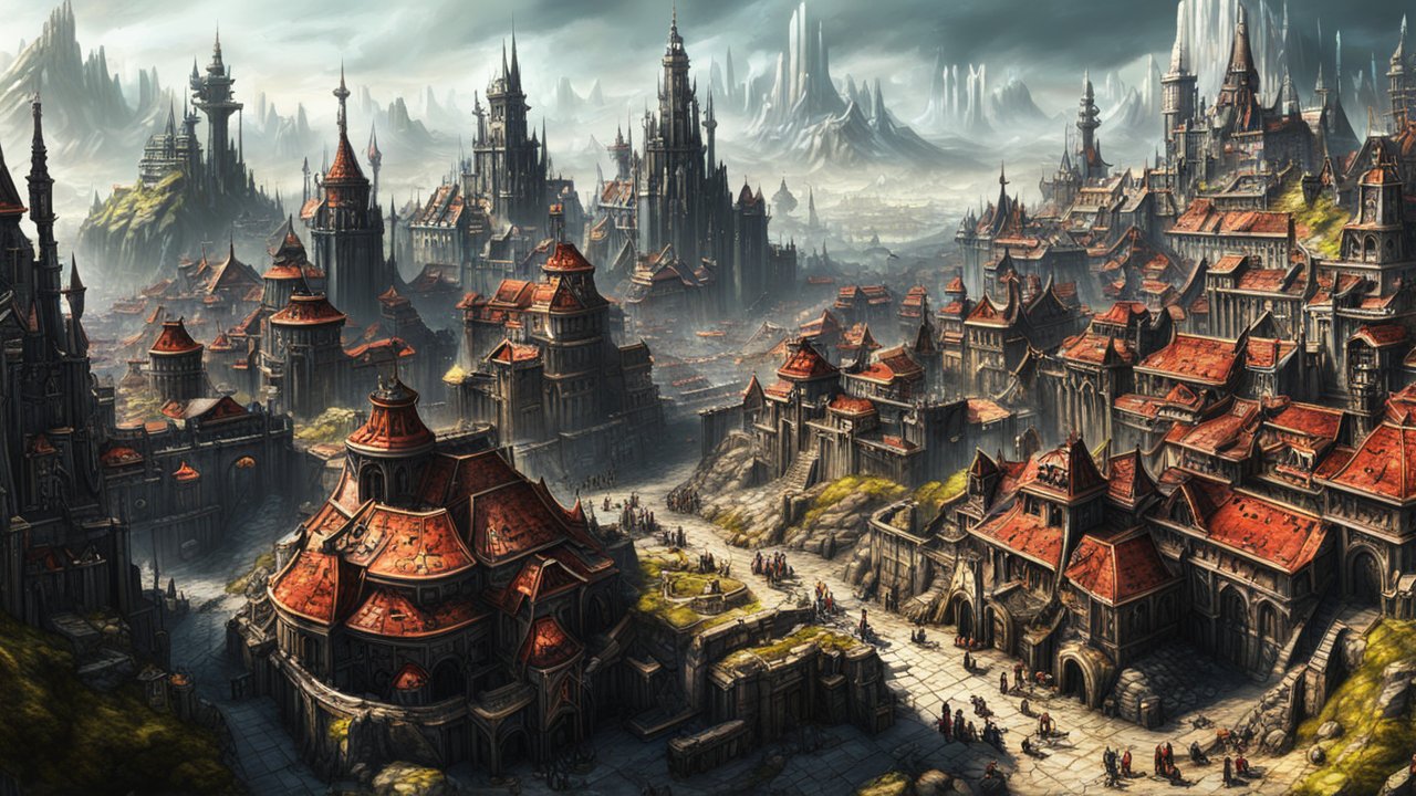 Vast Medieval Fantasy City with Red Roofs and Towering Spires