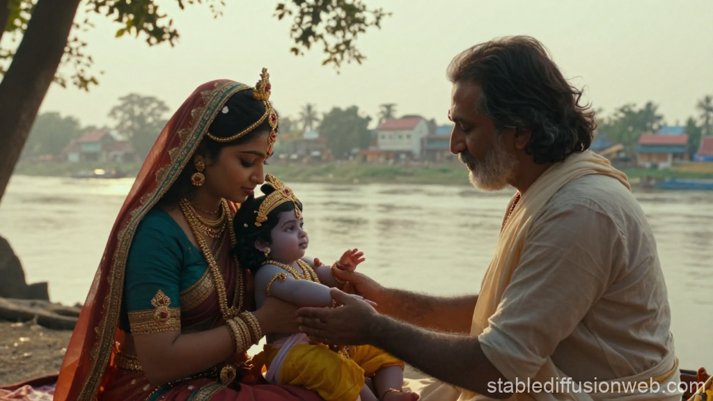 Vasudeva Places Baby Krishna by the Riverside