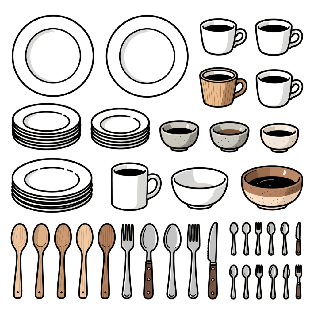 Vector Set of Plates, Cups, Bowls, and Cutlery