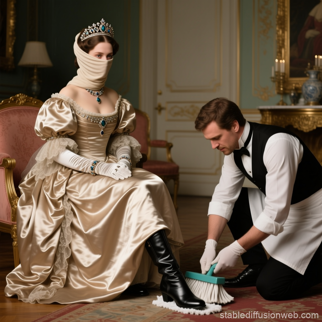 Veiled Countess with Attendant Cleaning Boots in Elegant Room