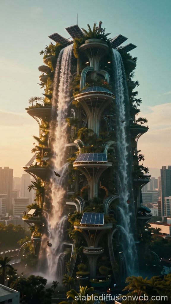 Vertical Forest Skyscraper with Cascading Waterfalls