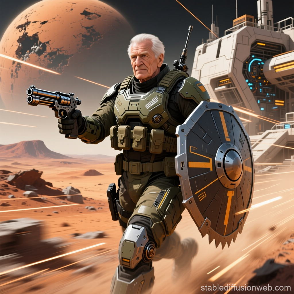 Veteran Martian Soldier Charging with Shield and Revolver