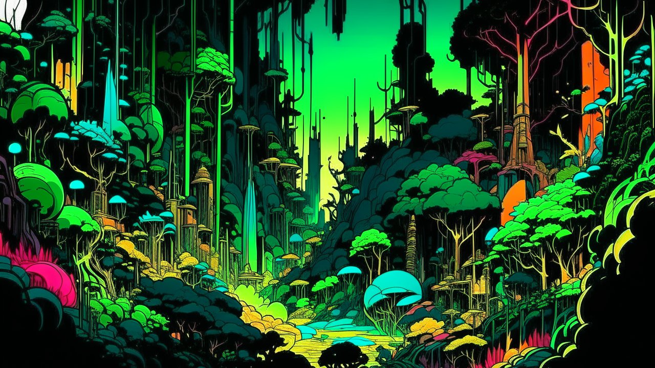 Vibrant 80s Comic Style Fantasy Forest Landscape