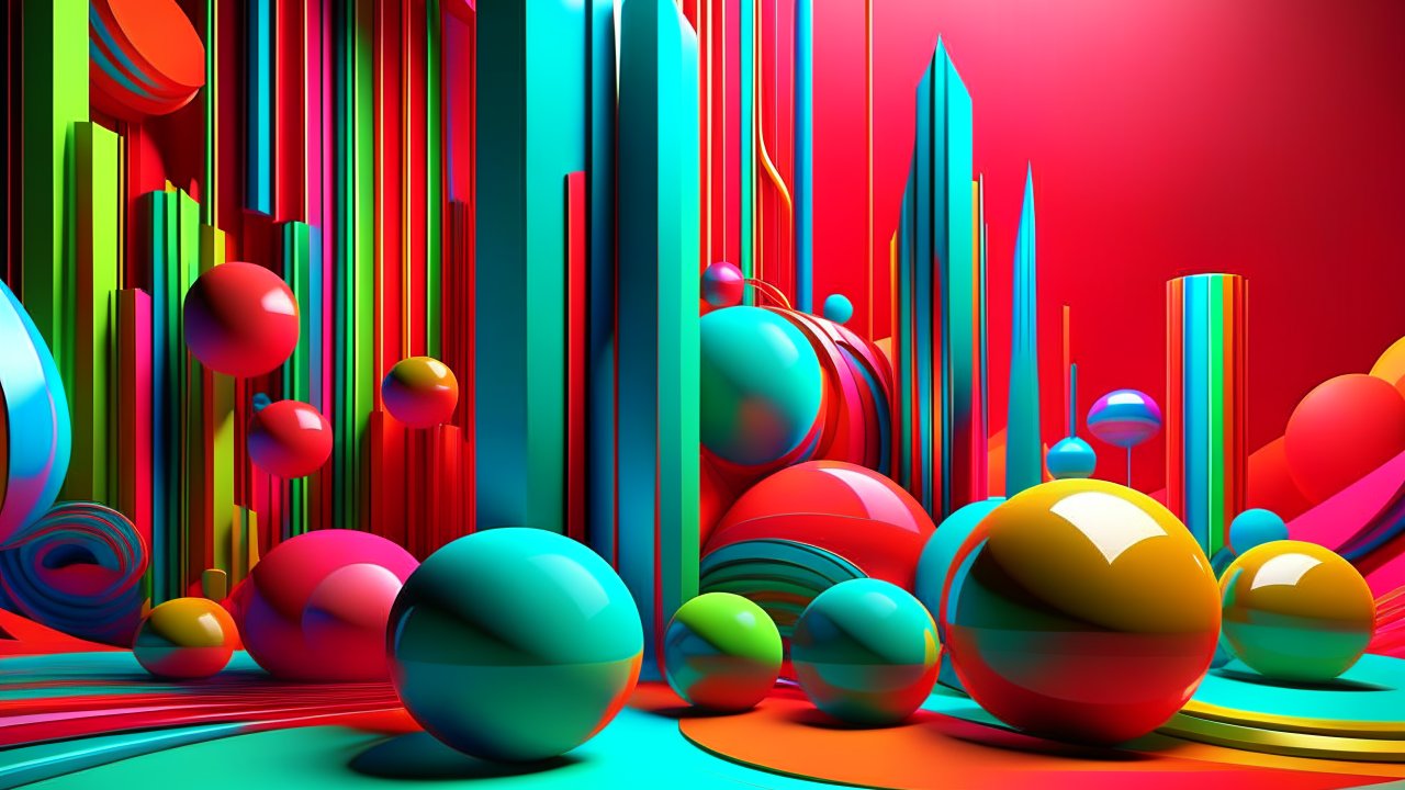 Vibrant Abstract 3D Scene with Colorful Spheres and Columns