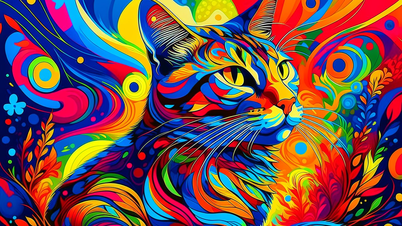 Vibrant Abstract Cat Portrait in Psychedelic Colors