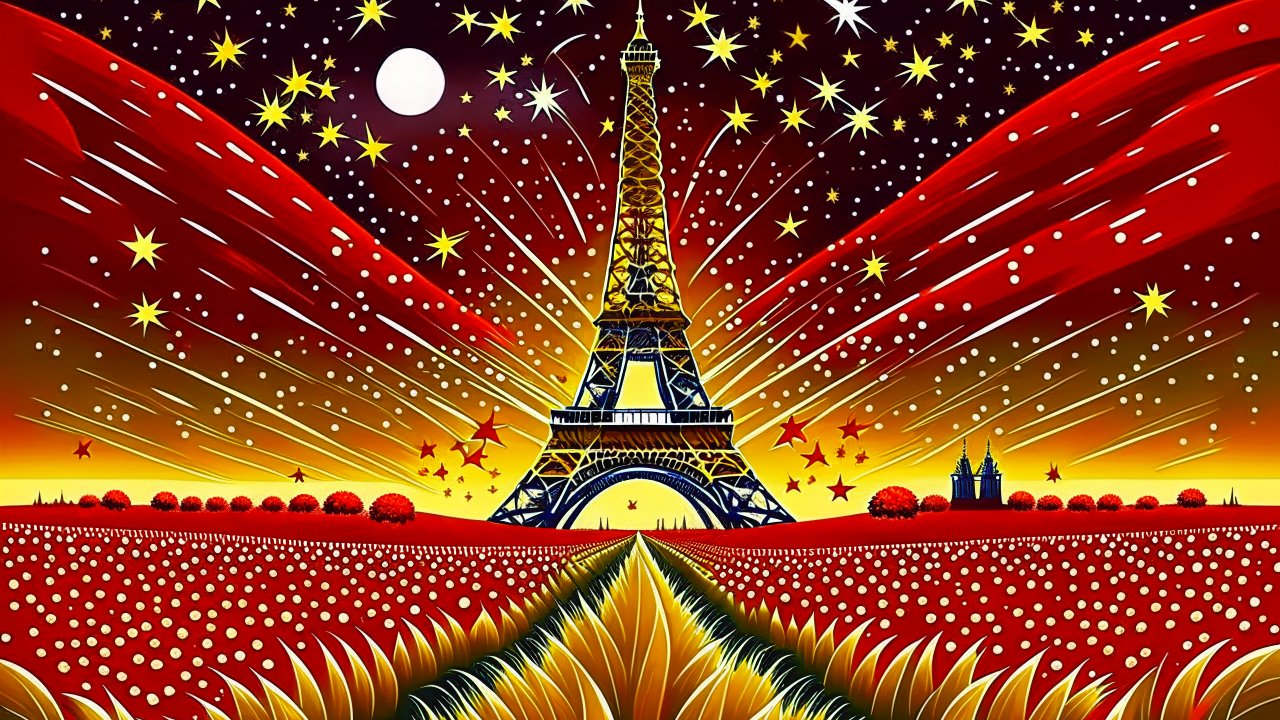 Vibrant Abstract Eiffel Tower Under Starry Sky