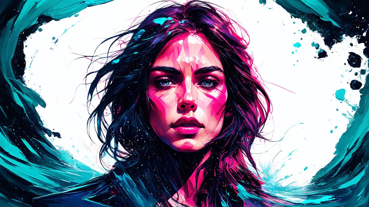 Vibrant Abstract Portrait of a Woman with Blue Waves